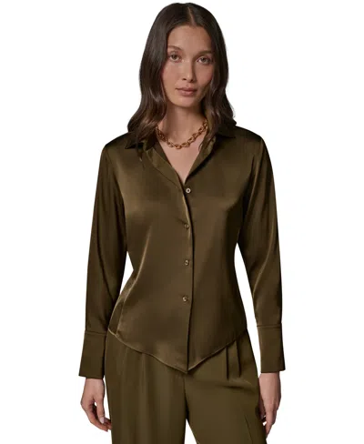 Donna Karan Petite Collared Button-up Blouse In Green