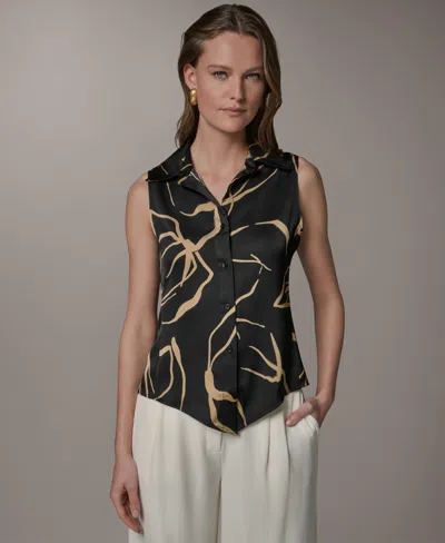 Donna Karan Petite Collared Neck Printed Top In Blue
