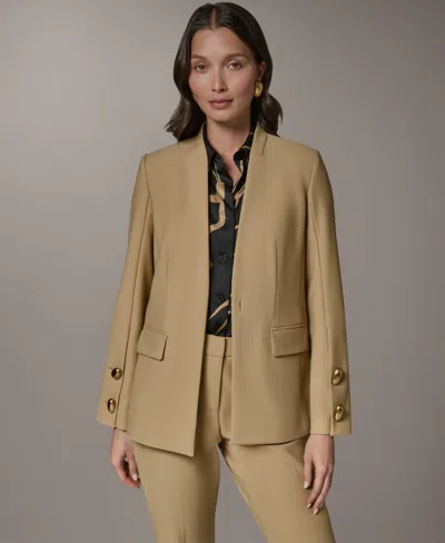 Donna Karan Petite Collarless Buttoned Cuff Jacket In Brown