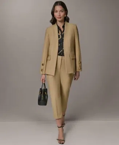 Donna Karan Petite Collarless Buttoned Cuff Jacket Mid Rise Ankle Pants In Brown