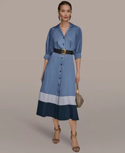 Donna Karan Petite Color Block Midi Shirtdress In Blue