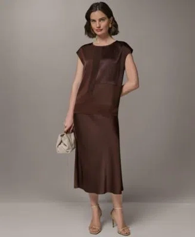 Donna Karan Petite Crewneck Sleeveless Blouse A Line Midi Skirt In Brown