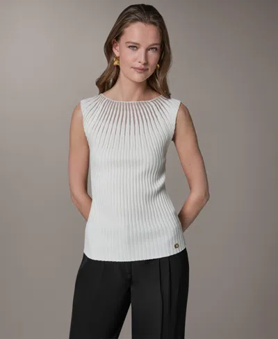 Donna Karan Petite Crewneck Sleeveless Sweater Top In White