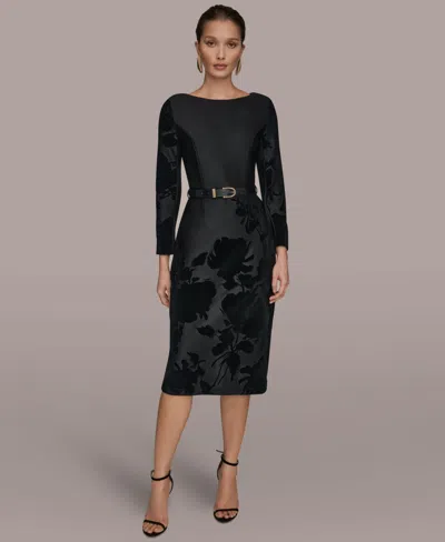 Donna Karan Petite Embossed Boat Neck Velvet Dress In Black