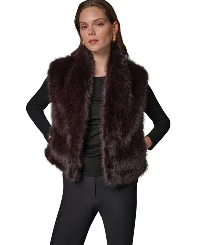 Donna Karan Petite Faux Fur Sleeveless Collared Vest In Brown