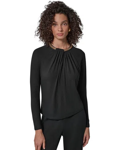 Donna Karan Petite Keyhole Pleated Necklace Detail Sweater In Black