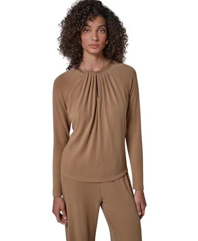 Donna Karan Petite Keyhole Pleated Necklace Detail Sweater In Brown