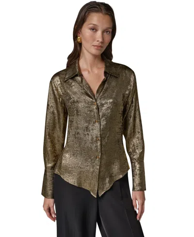 Donna Karan Petite Long-sleeve Point-collar Pointy-asymmetrical-hem Blouse In Brown