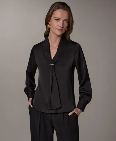 Donna Karan Petite Long-sleeve V-neck Pull-on Top In Black
