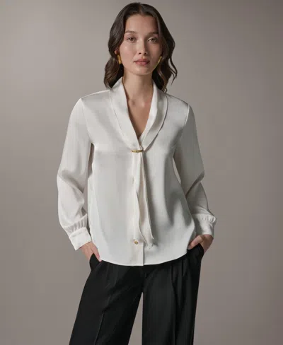Donna Karan Petite Long-sleeve V-neck Pull-on Top In White