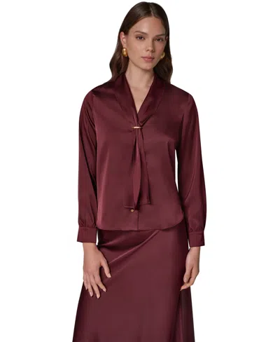 Donna Karan Petite Long-sleeve V-neck Scarf Detail Blouse In Brown