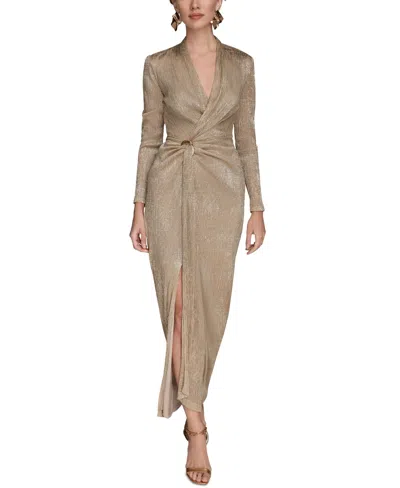 Donna Karan Petite Metallic Long-sleeve Wrap Dress In Neutral