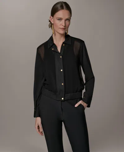 Donna Karan Petite Mix Media Zipper Jacket In Black