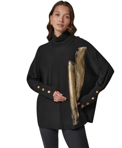 Donna Karan Petite Oversized Metallic Paint-print Turtleneck Sweater In Black,gold Multi