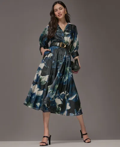 Donna Karan Petite Printed Belted Midi Shirt Dress In Blue