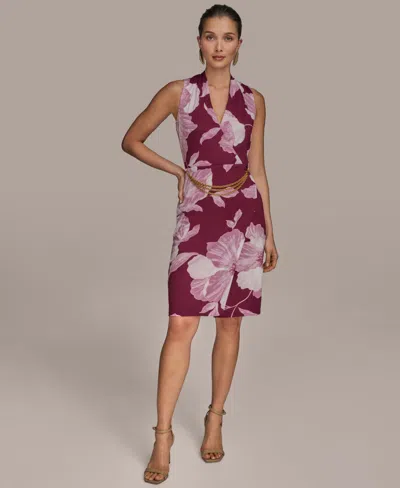 Donna Karan Womens Jersey Printed Chain Belt Sheath Dress 0p 16 In Purple
