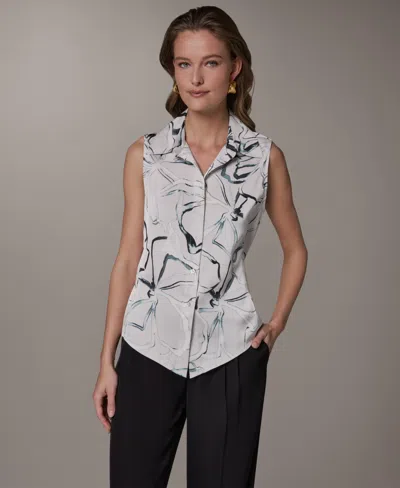 Donna Karan Petite Printed Collared Blouse In White