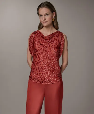 Donna Karan Petite Printed Cowl Neck Top In Red