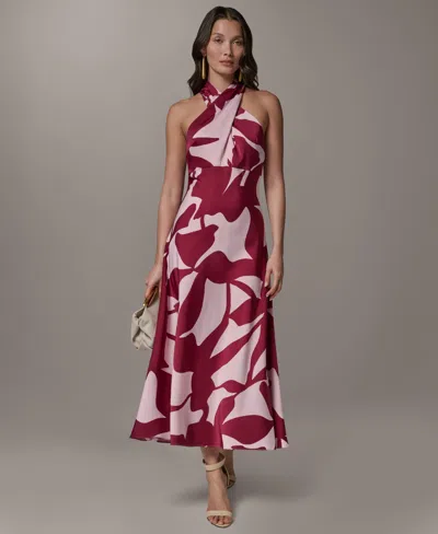 Donna Karan Petite Printed Halter Neck A-line Midi Dress In Red
