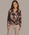 Donna Karan Petite Printed Satin Long Sleeve Wrap Top In Brown