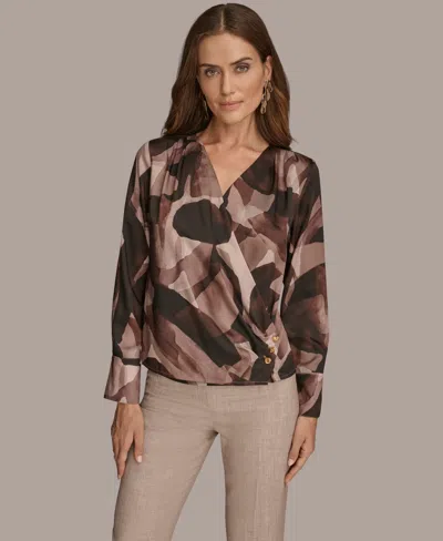 Donna Karan Petite Printed Satin Long Sleeve Wrap Top In Brown