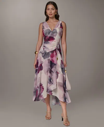 Donna Karan Petite Printed V-neck High-low Dress In Purple