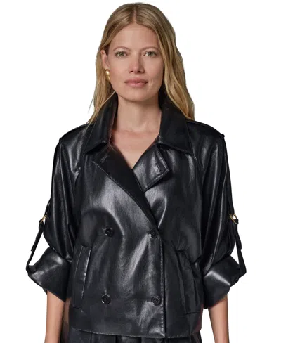 Donna Karan Petite Roll-sleeve Collared Short Jacket In Black