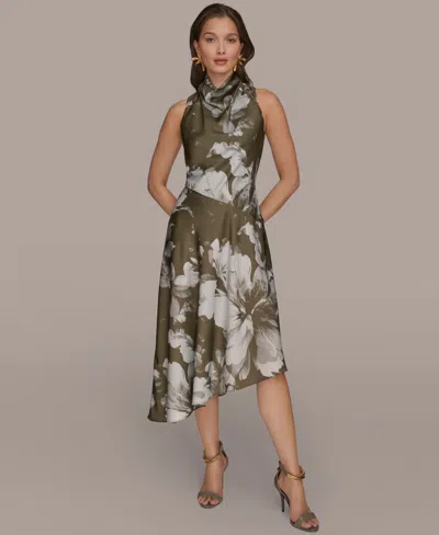 Donna Karan Petite Satin Asymmetrical Floral Midi Dress In Green