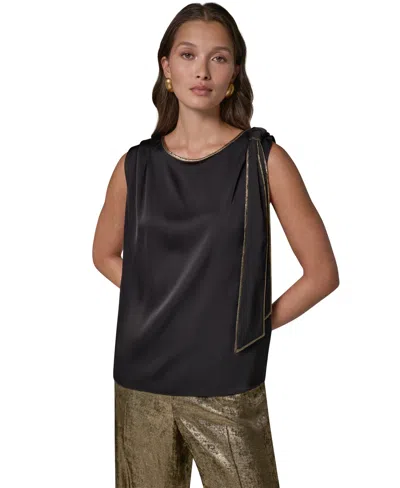 Donna Karan Petite Satin Boat-neck Tie-neck Blouse In Yellow