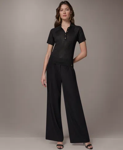 Donna Karan Petite Short-sleeve Polo Sweater Top In Black
