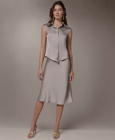 Donna Karan Petite Sleeveless Collared Neck Shirt In Gray