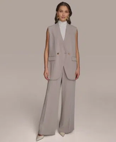 Donna Karan Petite V Neck One Button Vest Pinstripe Wide Leg Pants In Gray