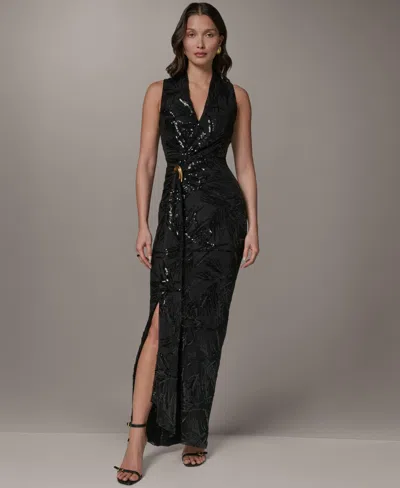 Donna Karan Petite V-neck Croissant Ring Waist Gown In Black