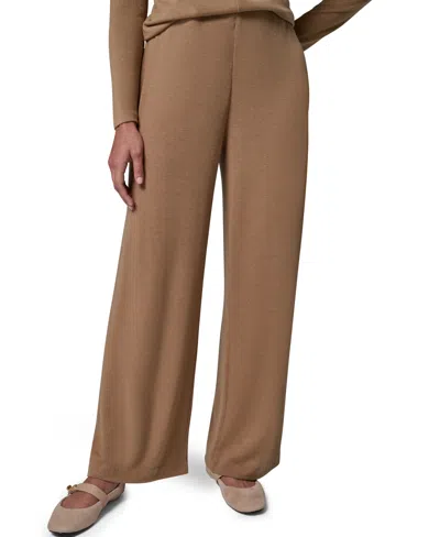 Donna Karan Petite Wide-leg Flat-front Pull-on Pants In Brown