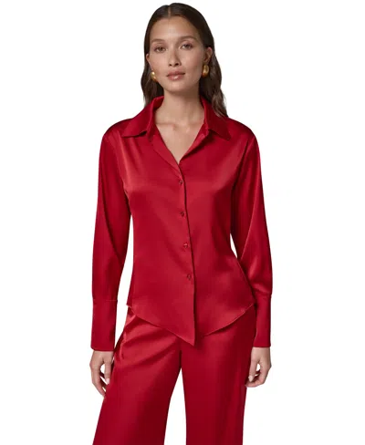 Donna Karan Petites Point Collar Long-sleeve Satin Blouse In Red