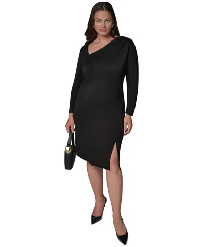 Donna Karan Plus Size Asymmetrical Long-sleeve Sheath Dress In Black