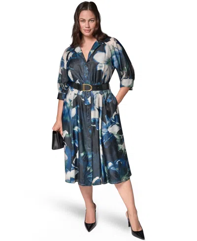Donna Karan Plus Size Collared Belted Printed Midi Shirtdress In Multi