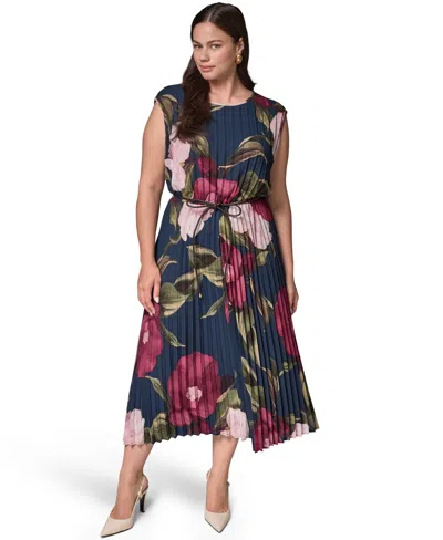 Donna Karan Plus Size Floral Pleated A-line Dress In Blue