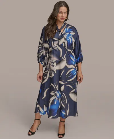 Donna Karan Plus Size Floral-print A-line Dress In Electric Blue Multi