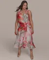Donna Karan Plus Size Floral-print Surplice Midi Dress In Apricot Multi