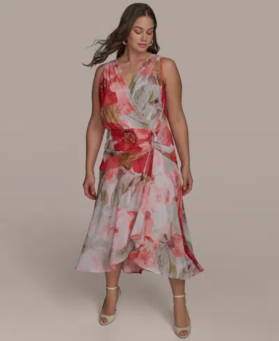 Donna Karan Plus Size Floral-print Surplice Midi Dress In Apricot Multi