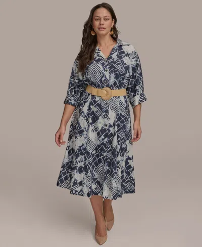 Donna Karan Plus Size Printed Belted 3/4-sleeve Shirt Dress In Blue