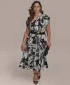 Donna Karan Plus Size Printed Belted A-line Dress In Black Pristine