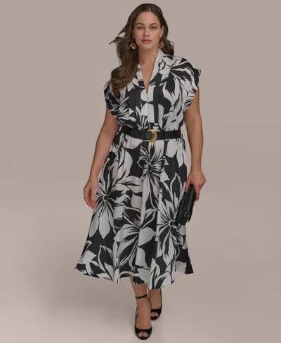 Donna Karan Plus Size Printed Belted A-line Dress In Black Pristine