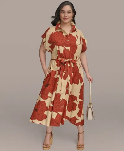 Donna Karan Plus Size Printed Grommet-waist Shirtdress In Multi