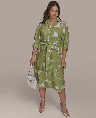 Donna Karan Plus Size Printed Tie-waist Shirt Dress In Kiwi Cream