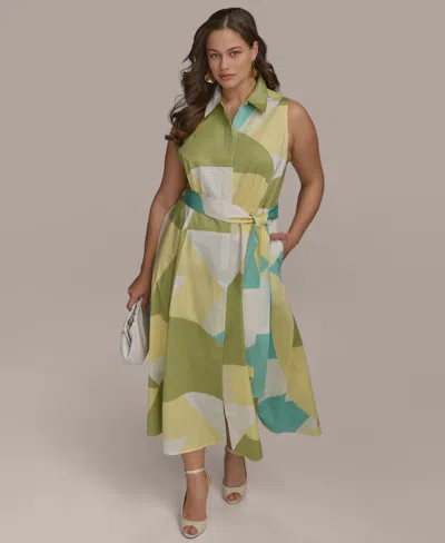 Donna Karan Plus Size Printed Tie-waist Sleeveless Shirtdress In Kiwi Multi