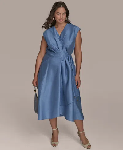 Donna Karan Plus Size Shantung Fit And Flare V-neck Wrap Dress In Blue