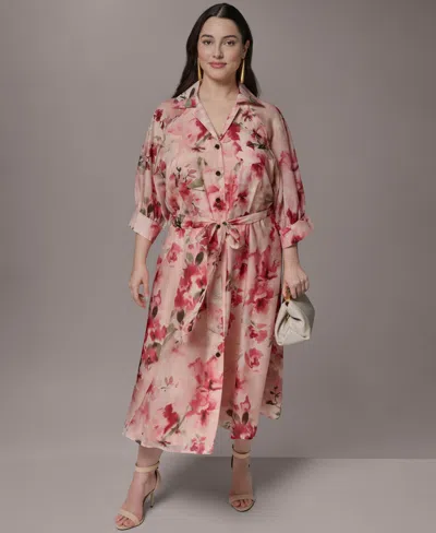 Donna Karan Plus Size Short-sleeve Organza Shirt Dress In Multi