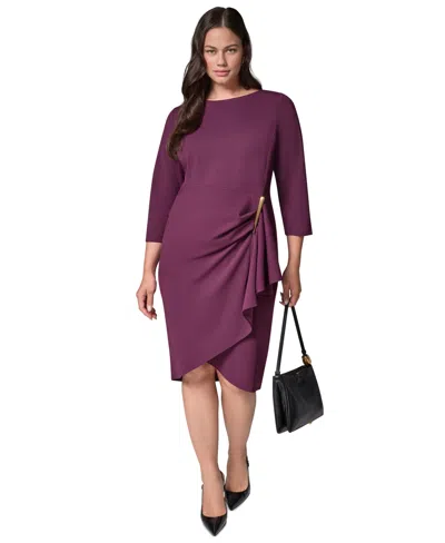 Donna Karan Plus Size Side Hardware Sheath Long-sleeve Boat-neck Dress In Purple